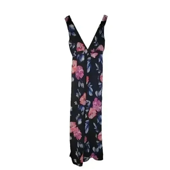 Aqua Women's Black Poly Bright Floral Deep V Front & Back Sleeveless Jumpsuit Ro - Picture 10 of 13